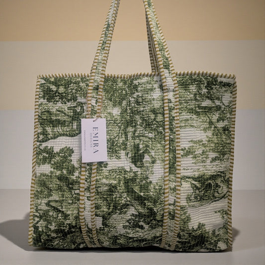 Green Jungle Print Hand Block Printed Cotton Tote Bag