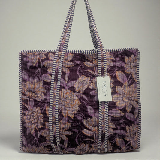 Purple Floral Block Printed Cotton Tote Bag