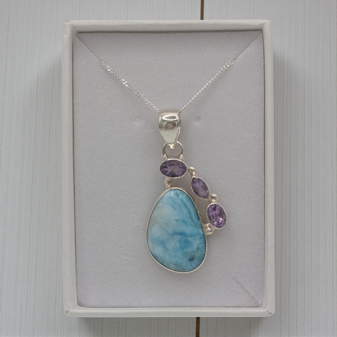 Sterling Silver Larimar With Amethyst Teardrop Necklace