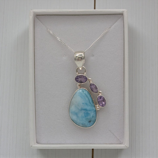 Sterling Silver Larimar With Amethyst Teardrop Necklace