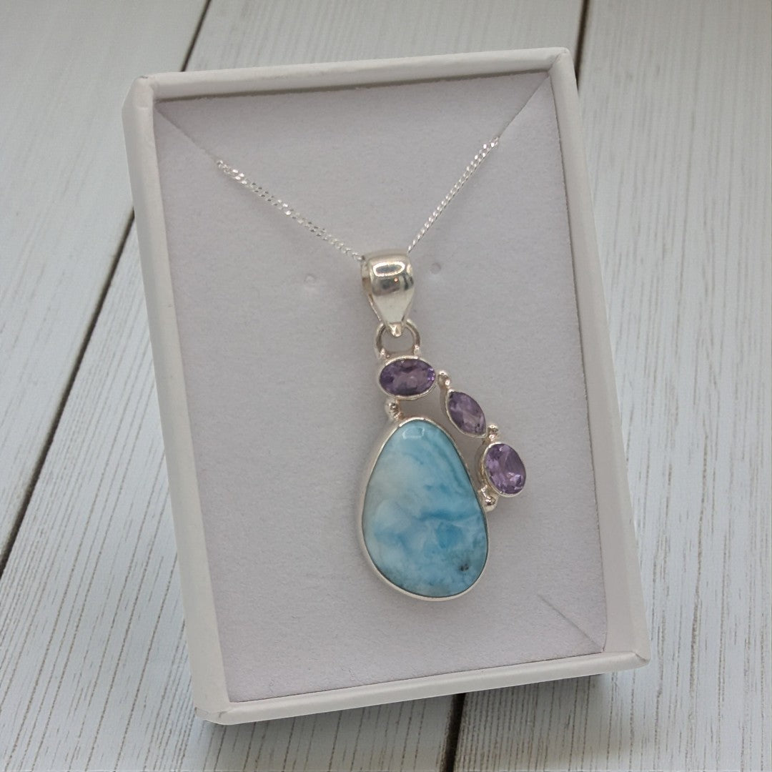 Sterling Silver Larimar With Amethyst Teardrop Necklace