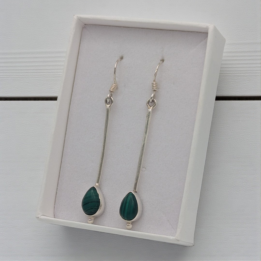 Sterling Silver Emira Malachite Straight Drop Earrings With Teardrop Stone 2"