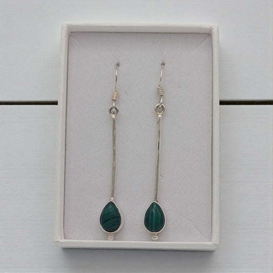 Sterling Silver Emira Malachite Straight Drop Earrings With Teardrop Stone 2"