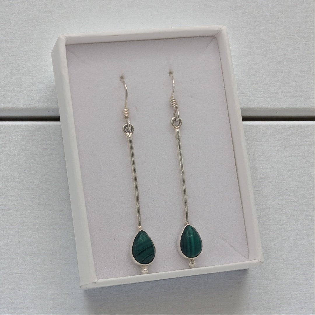 Sterling Silver Emira Malachite Straight Drop Earrings With Teardrop Stone 2"