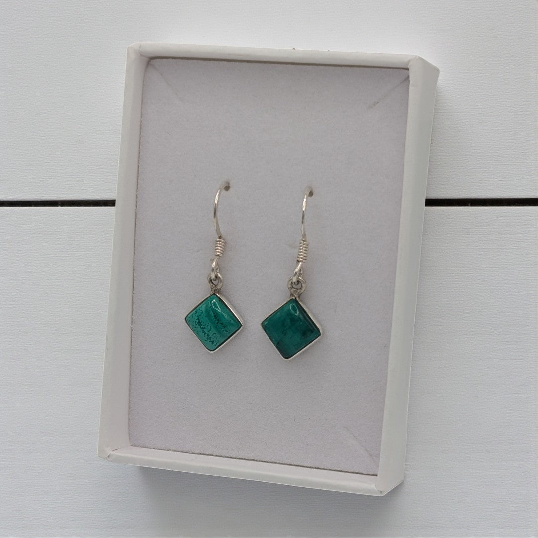 Sterling Silver Malachite Diamond Shape Drop Earrings 1.1"