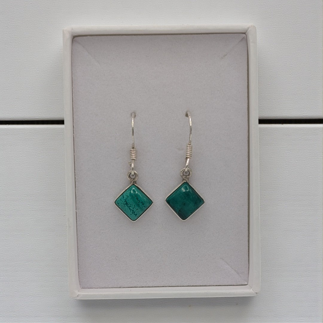 Sterling Silver Malachite Diamond Shape Drop Earrings 1.1"