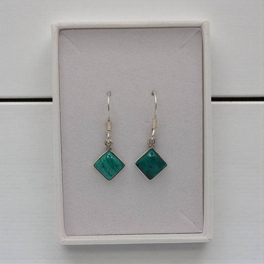 Sterling Silver Malachite Diamond Shape Drop Earrings 1.1"