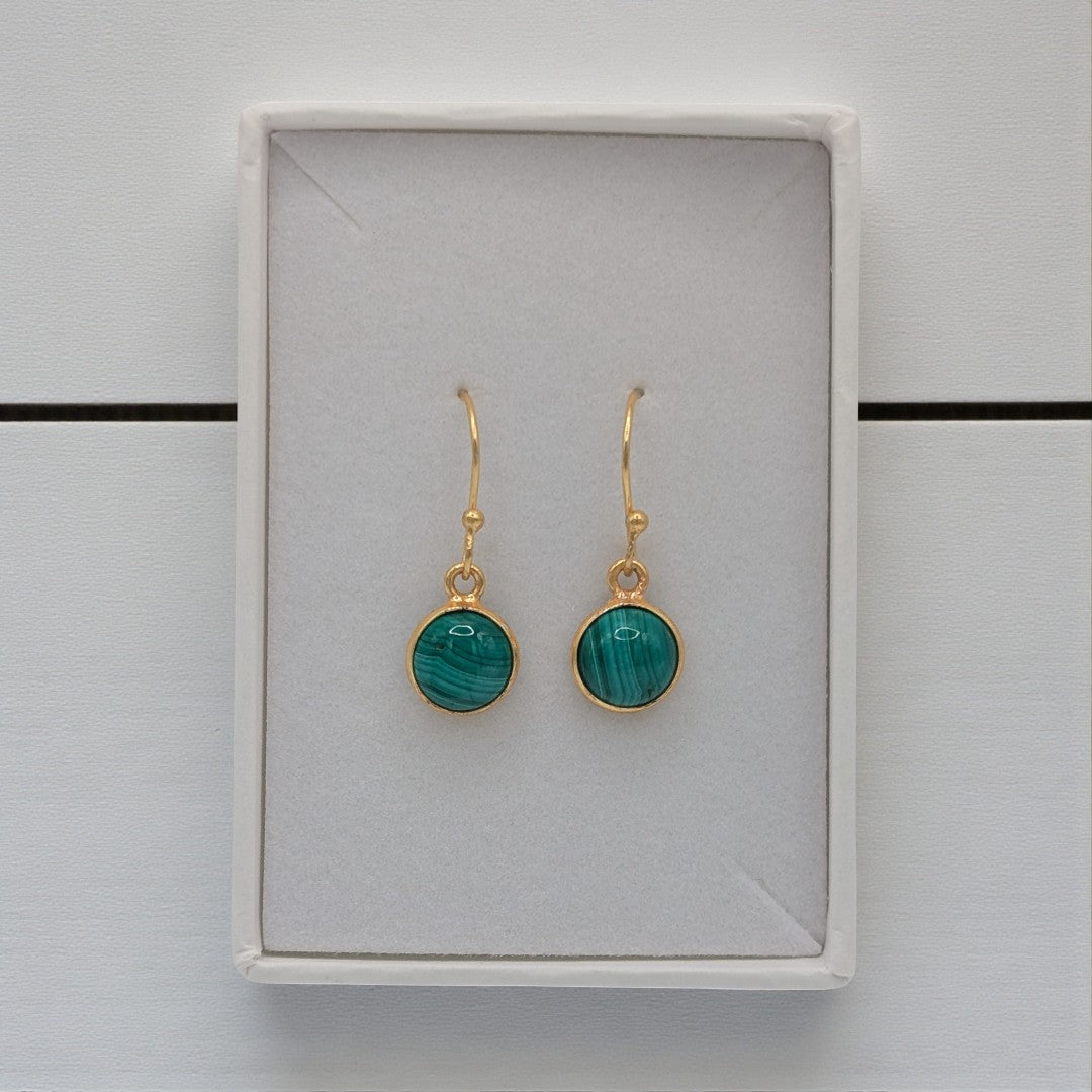 Gold Plated Sterling Silver Emira Malachite Round Stone Drop Earrings 1.1"