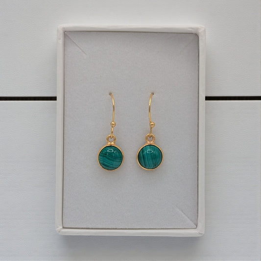 Gold Plated Sterling Silver Emira Malachite Round Stone Drop Earrings 1.1"