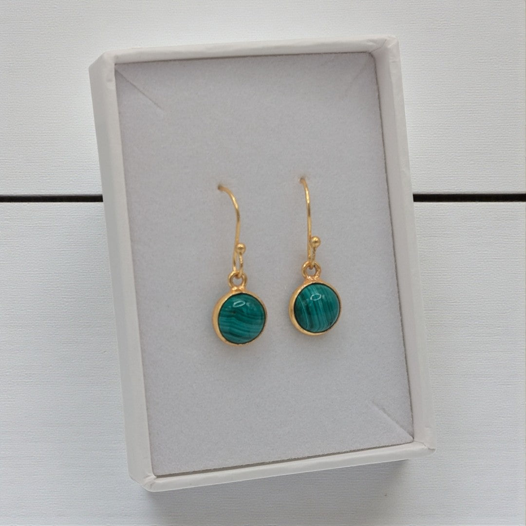 Gold Plated Sterling Silver Emira Malachite Round Stone Drop Earrings 1.1"