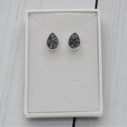 Sterling Silver Emira Black Rutilated Quartz Teardrop Stud Earrings 0.4"