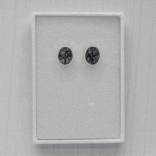 Sterling Silver Emira Black Rutilated Quartz Oval Stud Earrings 0.4"