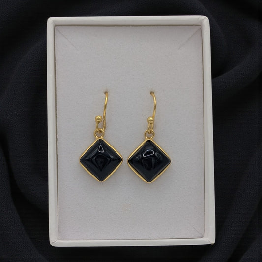 Gold Plated Sterling Silver Emira Diamond Shape Black Onyx Drop Earrings 1.2"