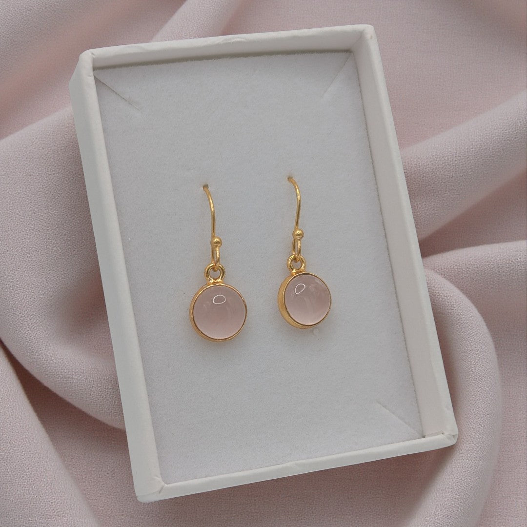 Gold Plated Sterling Silver Emira Rose Quartz Round Stone Drop Earrings 1.1"