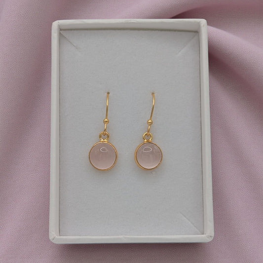 Gold Plated Sterling Silver Emira Rose Quartz Round Stone Drop Earrings 1.1"