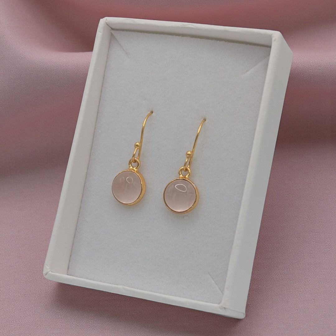Gold Plated Sterling Silver Emira Rose Quartz Round Stone Drop Earrings 1.1"