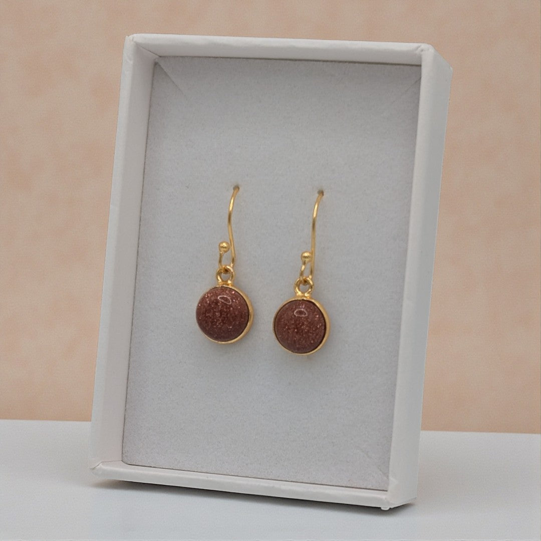 Gold Plated Sterling Silver Emira Round Sunstone Drop Earrings 1"