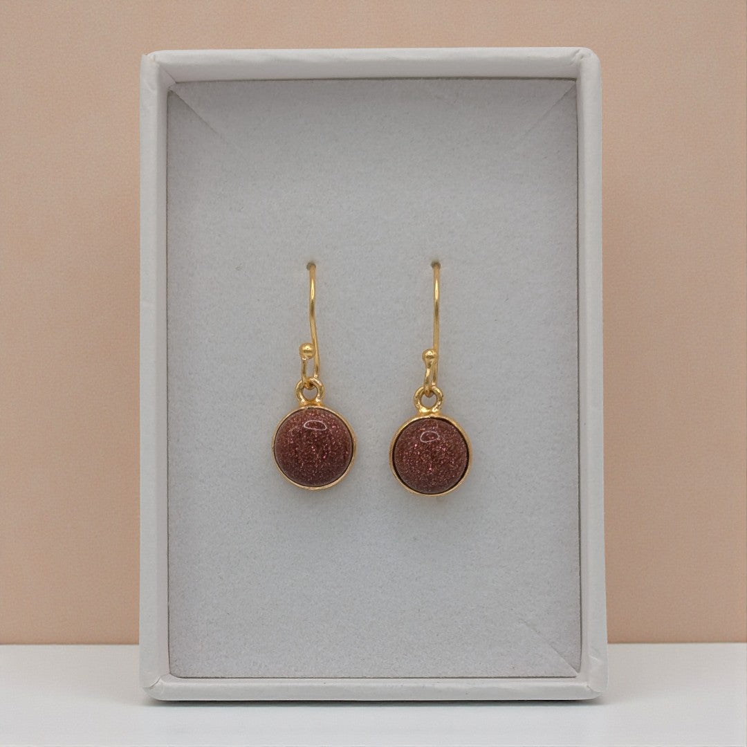 Gold Plated Sterling Silver Emira Round Sunstone Drop Earrings 1"