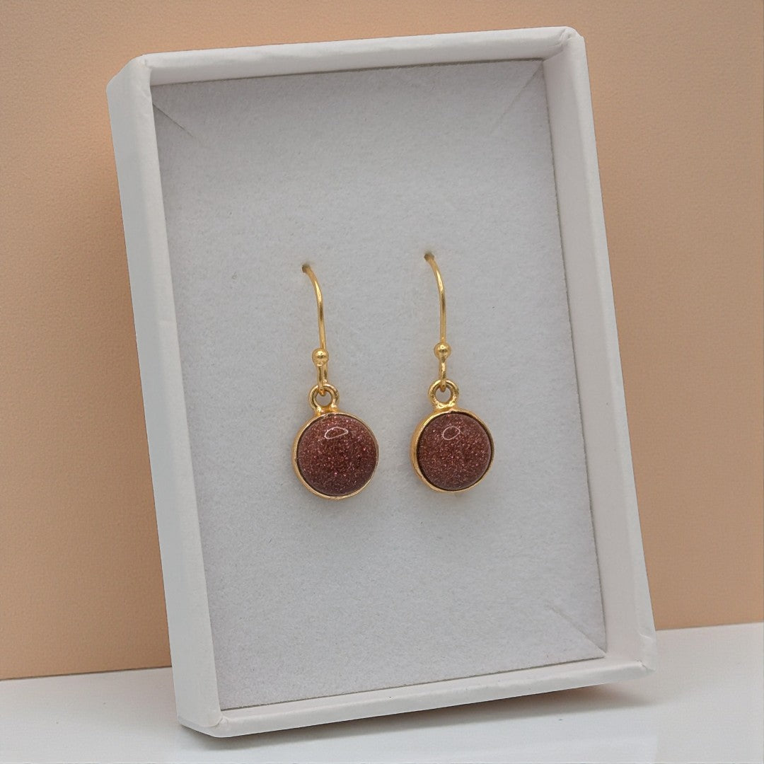 Gold Plated Sterling Silver Emira Round Sunstone Drop Earrings 1"