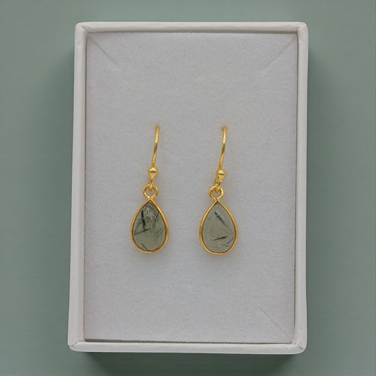 Gold Plated Sterling Silver Emira Teardrop Rutilated Prehnite Drop Earrings 1.1"
