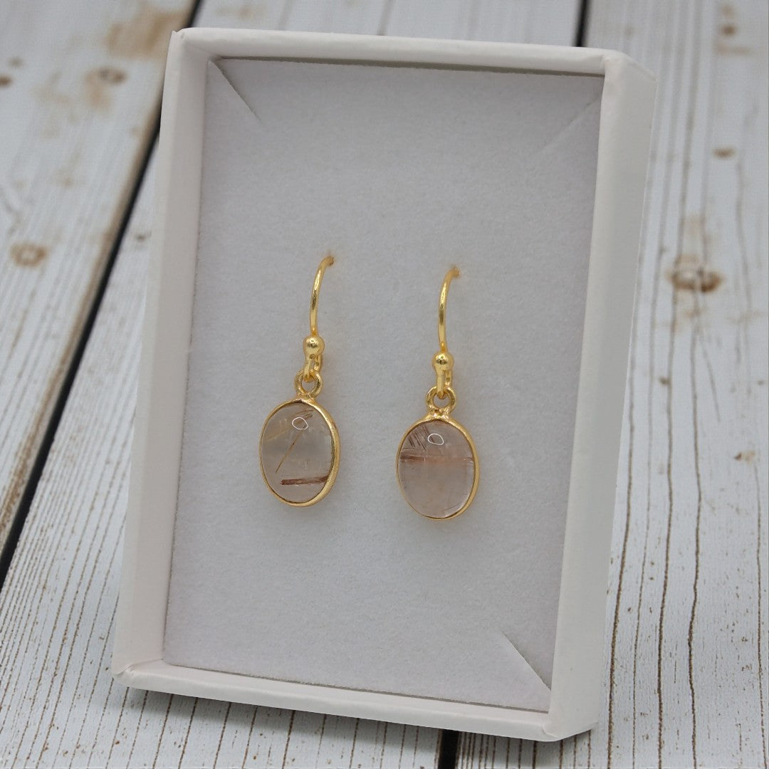 Gold Plated Sterling Silver Emira Golden Rutilated Quartz Oval Drop Earrings 1.1"