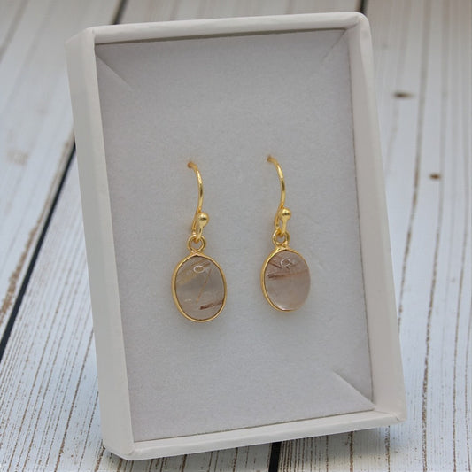 Gold Plated Sterling Silver Emira Golden Rutilated Quartz Oval Drop Earrings 1.1"