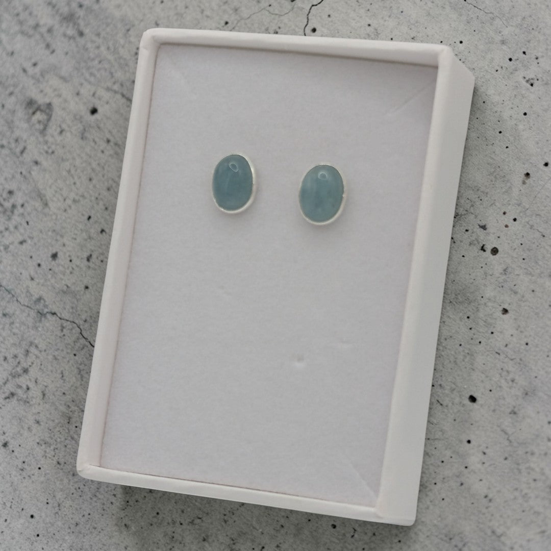 Sterling Silver Emira Aquamarine Oval Stud Earrings 0.4"
