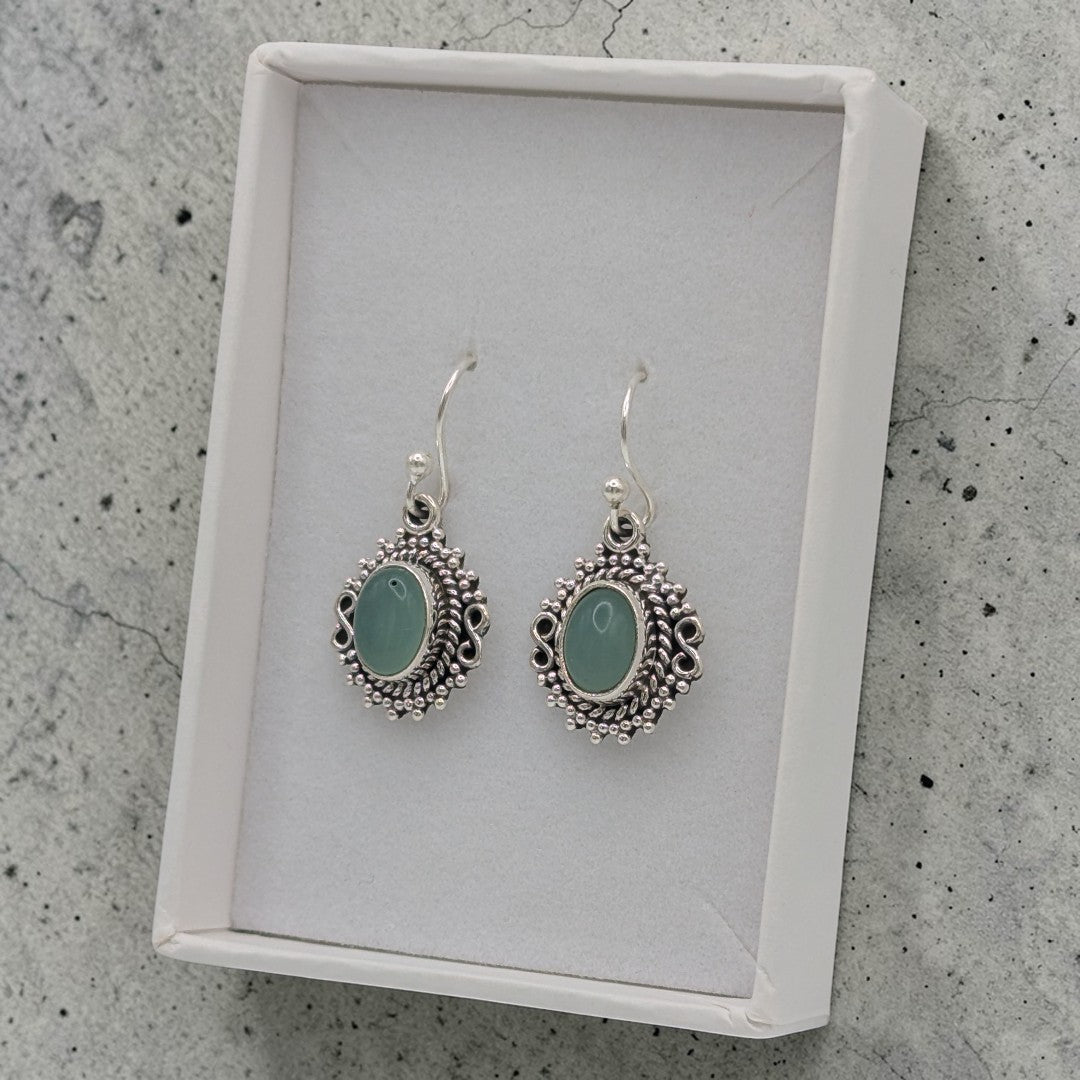 Sterling Silver Emira Ornate Aquamarine Oval Infinity Drop Earrings 1.1"