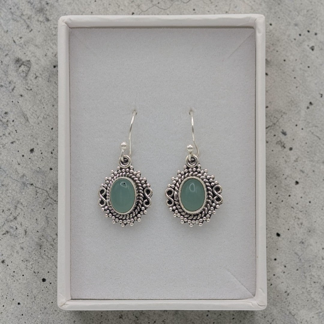 Sterling Silver Emira Ornate Aquamarine Oval Infinity Drop Earrings 1.1"