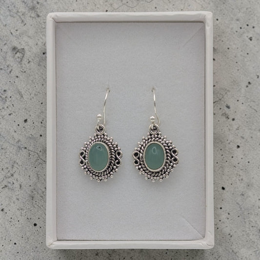 Sterling Silver Emira Ornate Aquamarine Oval Infinity Drop Earrings 1.1"