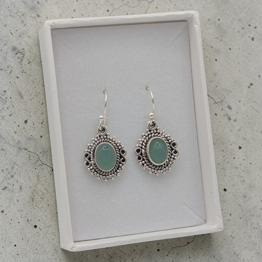 Sterling Silver Emira Ornate Aquamarine Oval Infinity Drop Earrings 1.1"