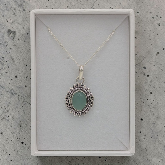 Sterling Silver Emira Aquamarine Ornate Oval Infinity Necklace