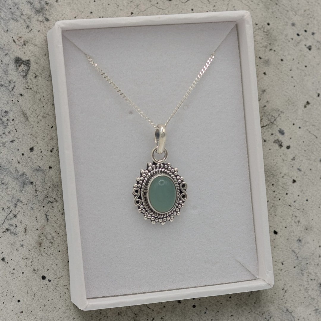 Sterling Silver Emira Aquamarine Ornate Oval Infinity Necklace