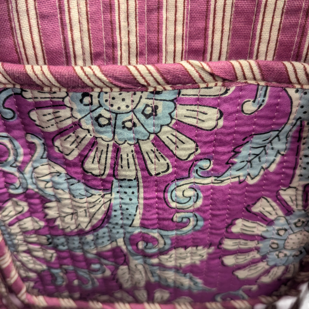 Purple Floral Hand Block Printed Cotton Tote Bag