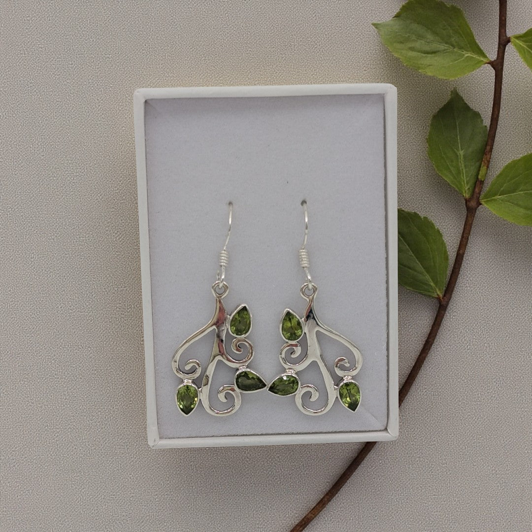 Sterling Silver Peridot Tree Branch Drop Earrings 1.6"