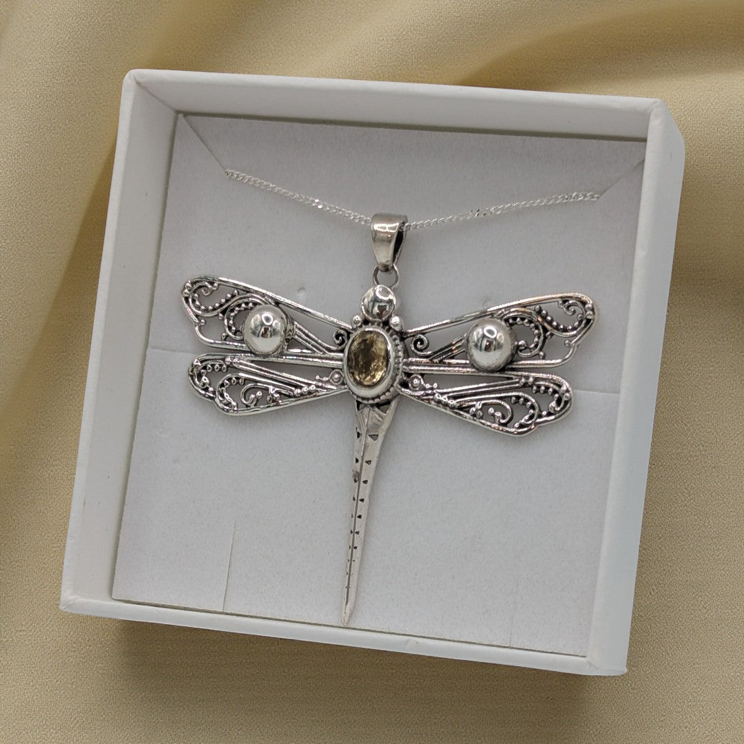 Sterling Silver Emira Citrine Large Dragonfly Necklace