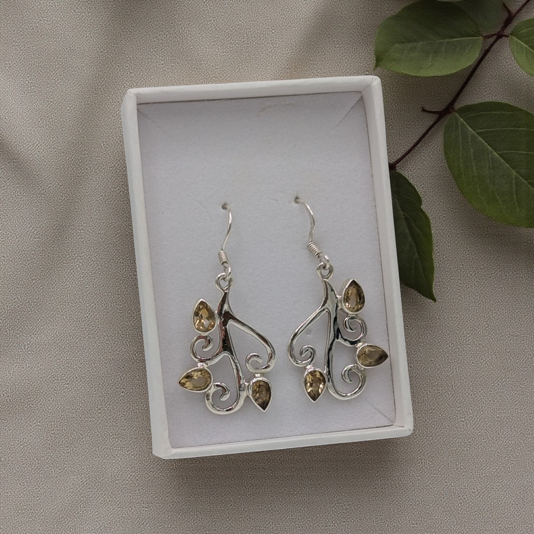 Sterling Silver Citrine Tree Branch Drop Earrings 1.6"