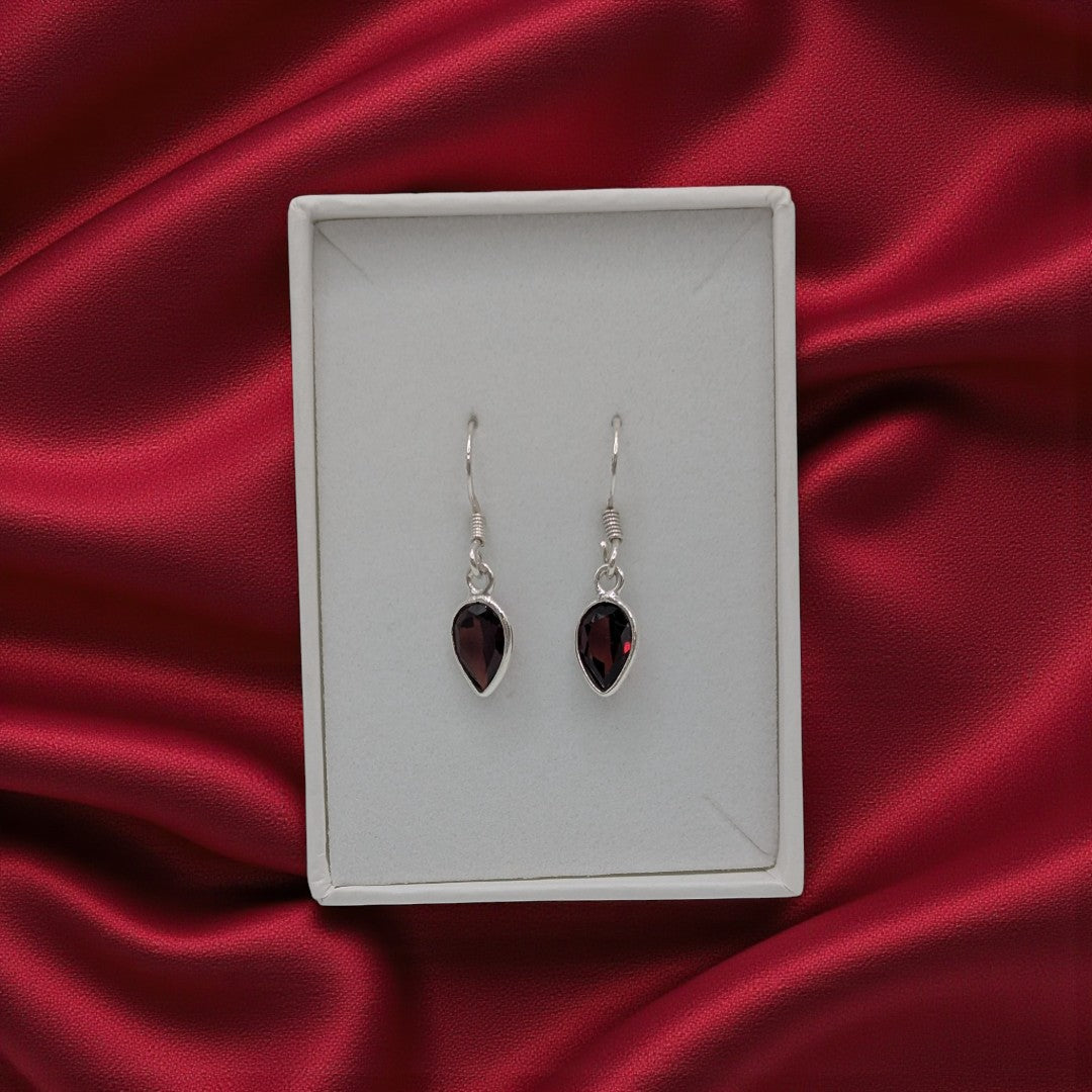 Sterling Silver Garnet Teardrop Earrings 1.1"
