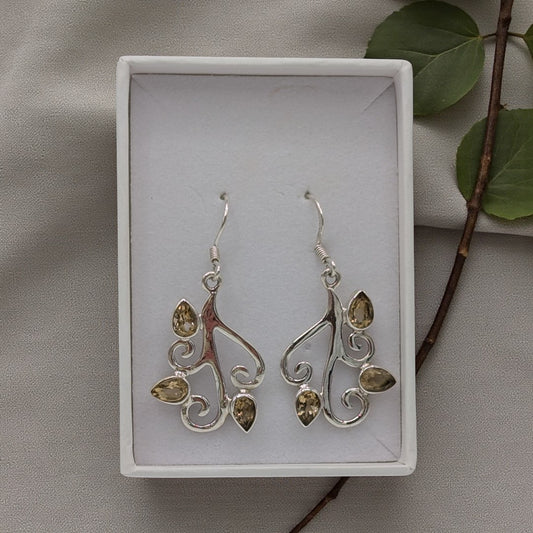 Sterling Silver Citrine Tree Branch Drop Earrings 1.6"