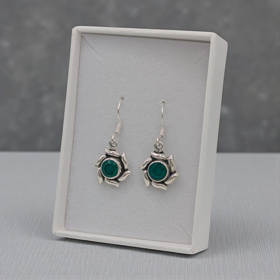 Sterling Silver Green Onyx Flower Drop Earrings 1.3"
