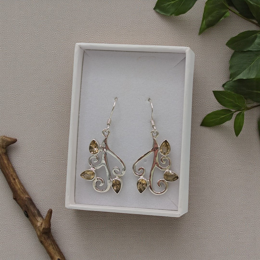 Sterling Silver Citrine Tree Branch Drop Earrings 1.6"