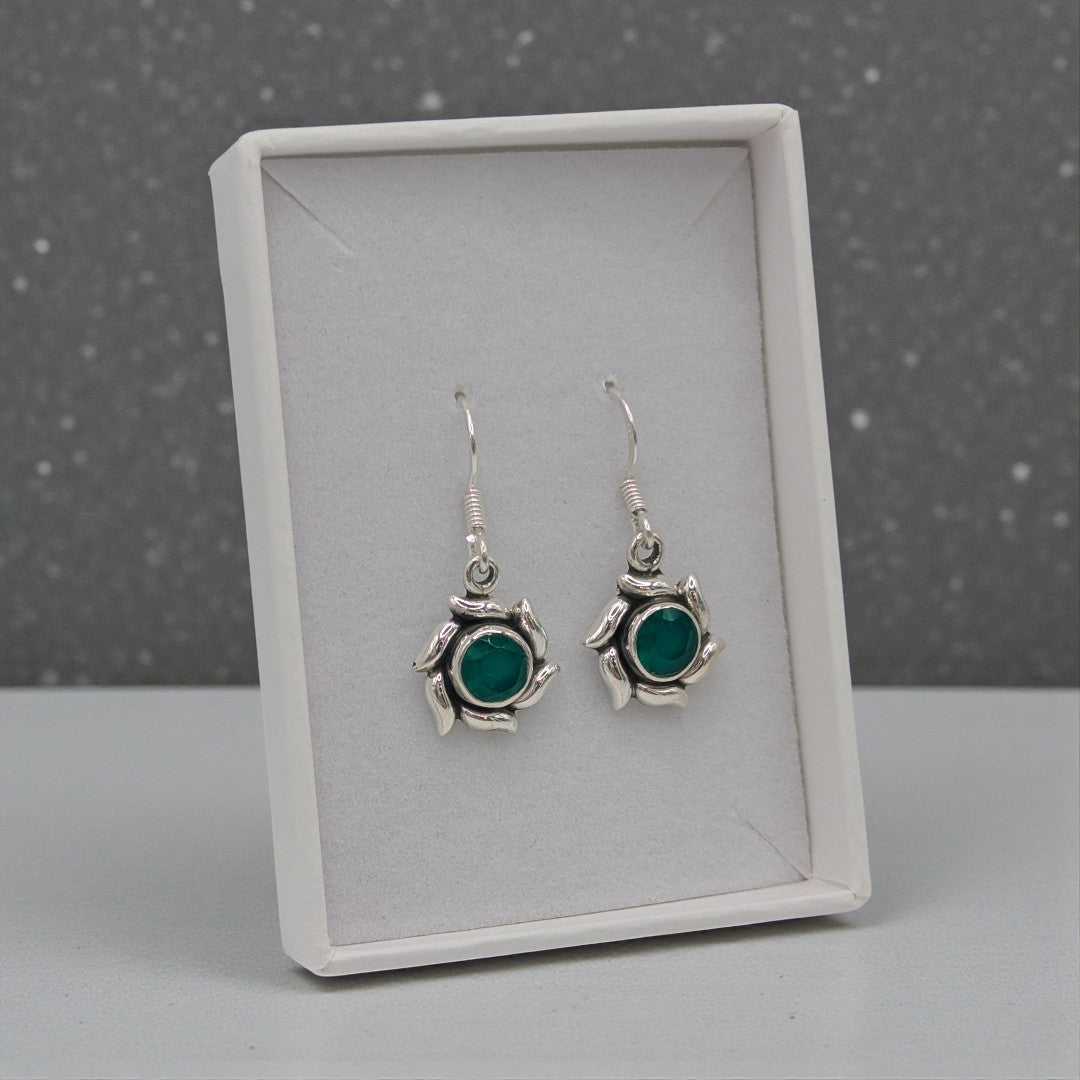 Sterling Silver Green Onyx Flower Drop Earrings 1.3"