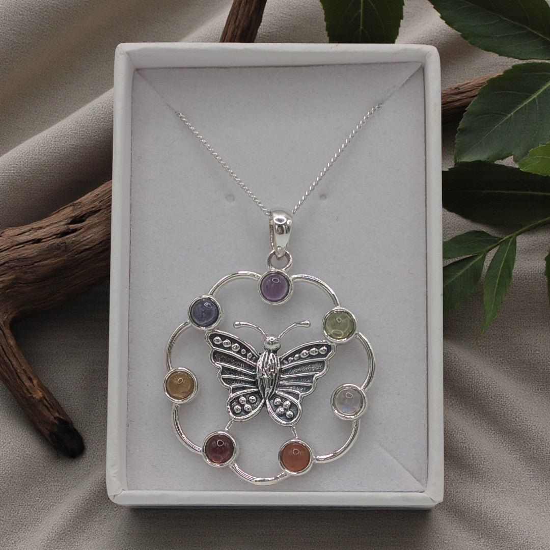 Sterling Silver Multi Stone Butterfly Chakra Necklace