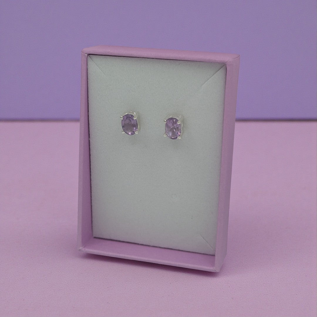 Sterling Silver Amethyst Oval Stud Earrings 0.3"