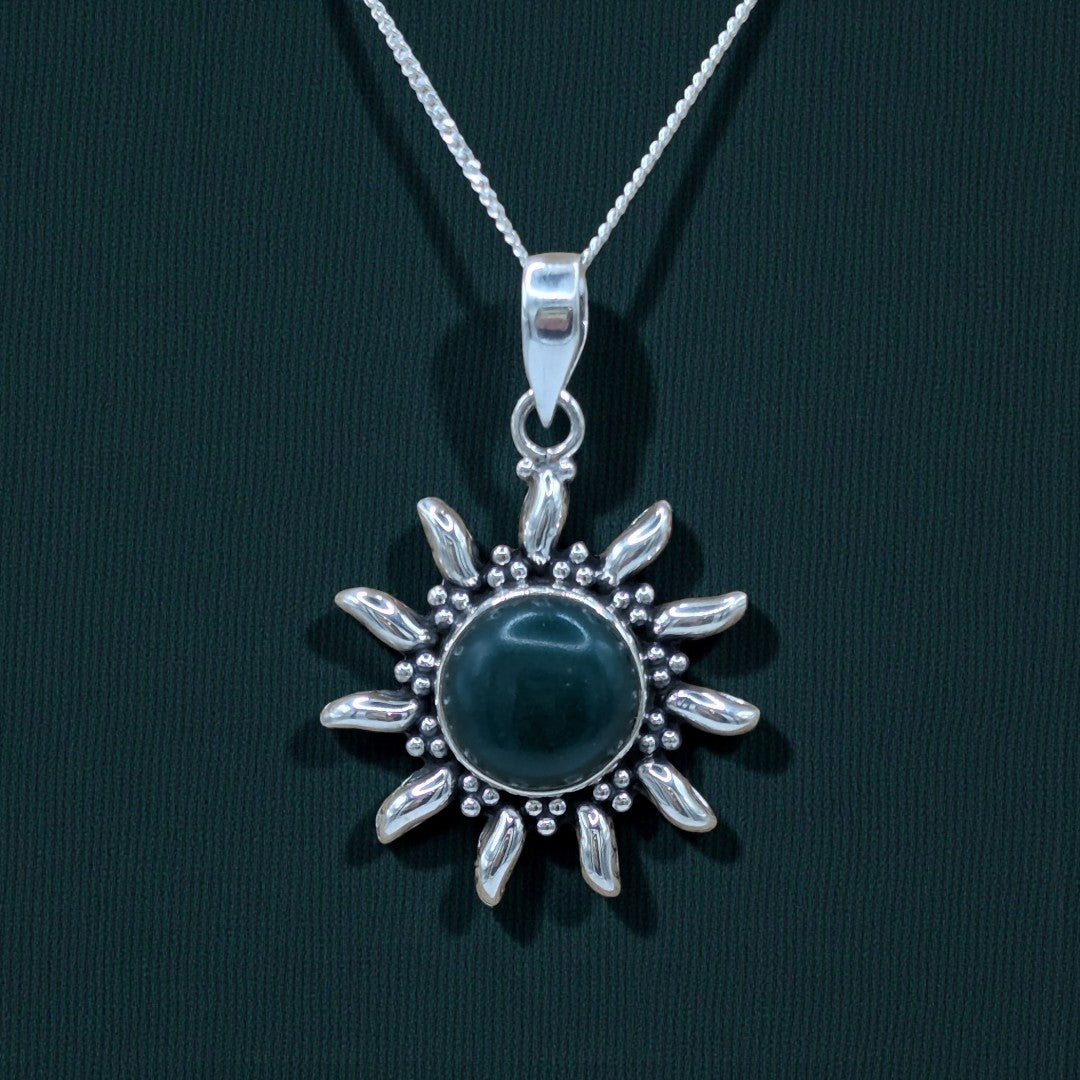 Sterling Silver Emira Green Onyx Celestial Sun Necklace