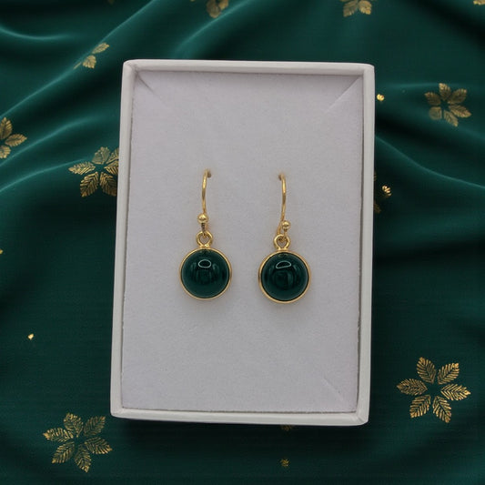 Emira Gold Plated Sterling Silver Green Onyx Round Stone Drop Earrings