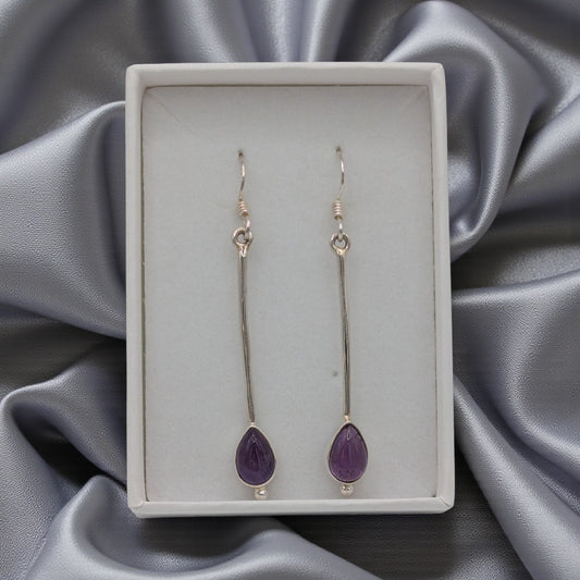 Sterling Silver Emira Amethyst Straight Drop Earrings With Teardrop Stone 2"