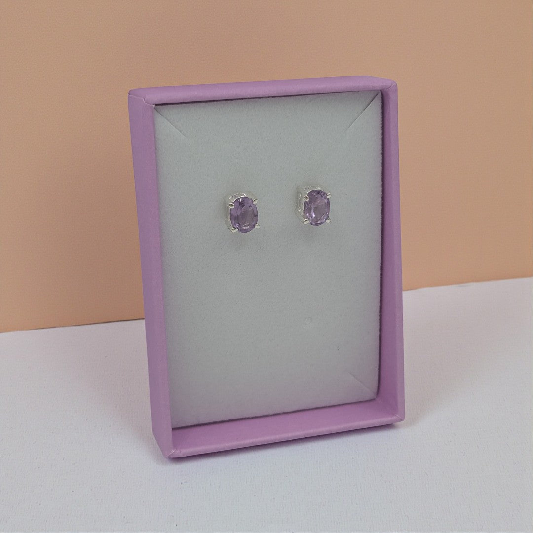 Sterling Silver Amethyst Oval Stud Earrings 0.3"