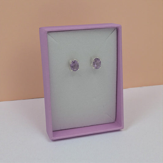 Sterling Silver Amethyst Oval Stud Earrings 0.3"