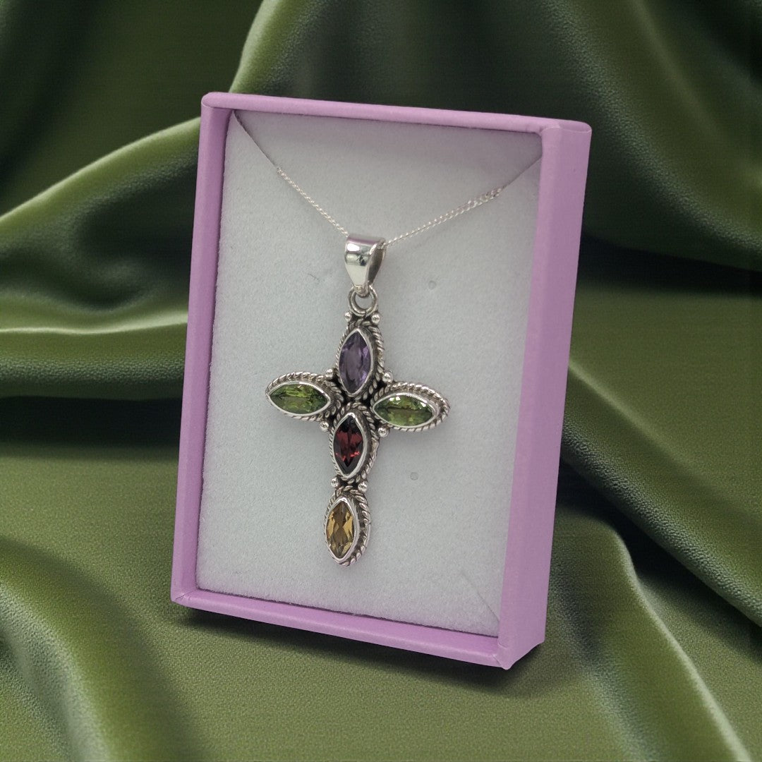 Sterling Silver Multi Stone Cross Necklace